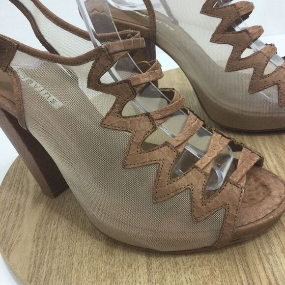 Reed Evins Anthropologie Women Mesh Leather Reptile Open Toe Heels Tan Ivory 7.5 - Picture 8 of 16